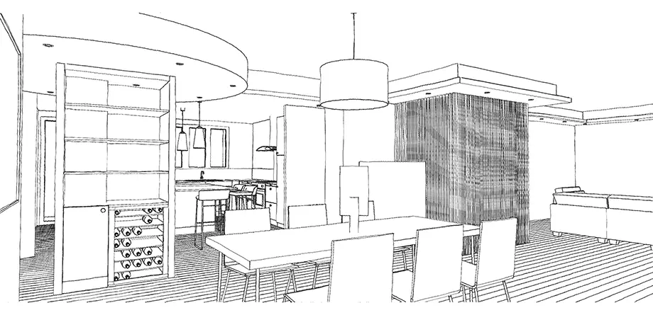 Croquis de la pièce de vie vue par un autre angle que le précédent