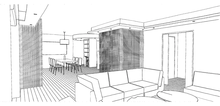 Croquis de la pièce de vie suite à la réunion des deux appartements