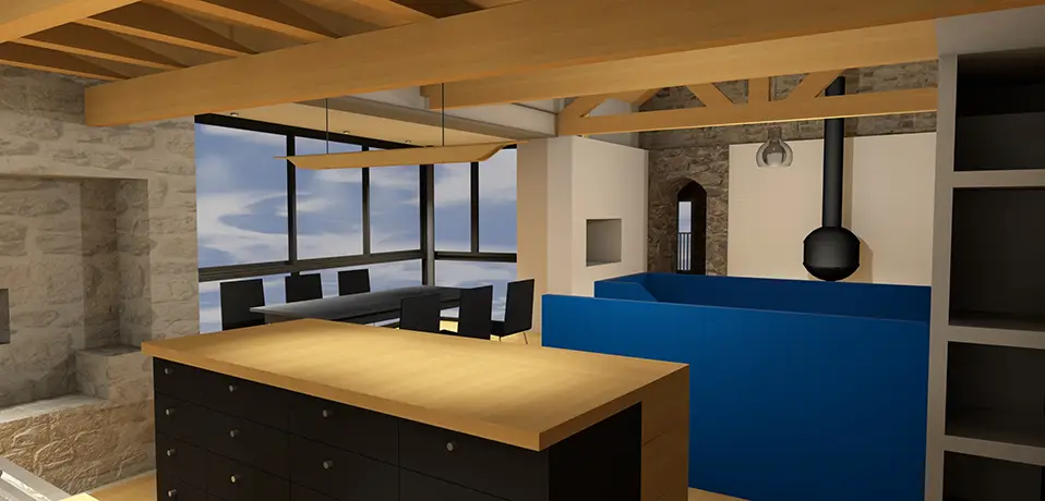 Simulation_Bloc-sur-Tarn_Extension-architecte_Intramuros-Aveyron Simulation de la vue depuis l'intérieur de l'extension pour le projet réalisé par l'agence d'architecture Intramuros à Rodez