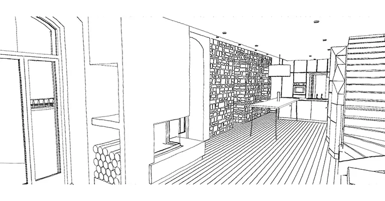 Croquis2_Maison-secondaire_renovation-architecture-interieur_intramuros-aveyron Croquis de la cheminée et de la cuisine